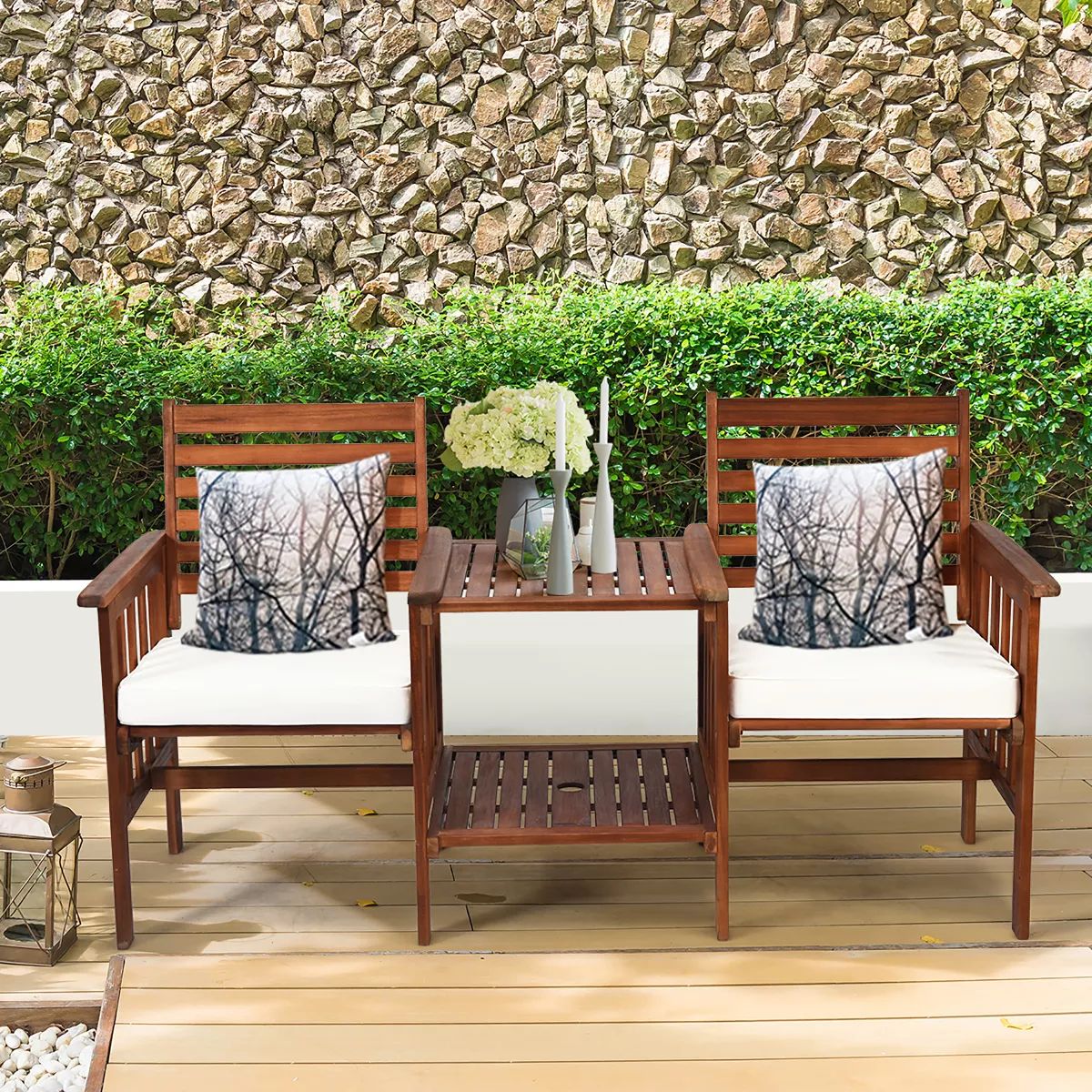 Costway Patio Loveseat Conversation Set Acacia Wood Chair Coffee Table Cushioned White | Target