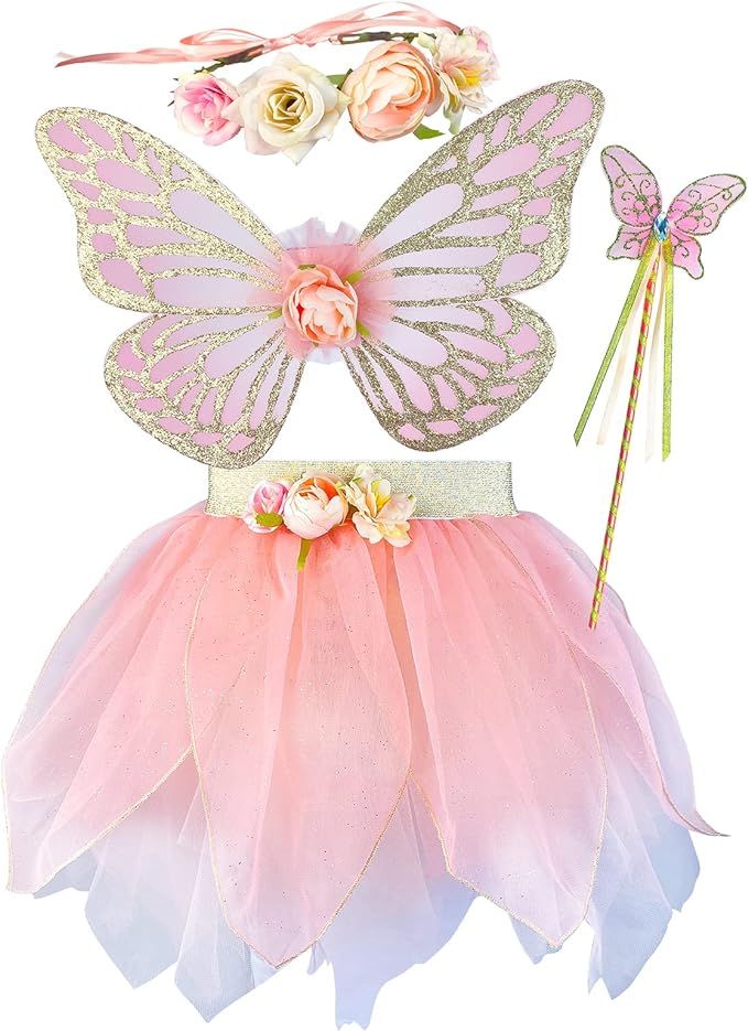 Girls Fairy Costume Set with Butterfly Wings Tutu Wand and Halo Headband… | Amazon (US)