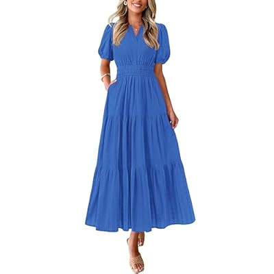 PRETTYGARDEN Womens Summer Maxi Dresses 2026 Casual Puff Sleeve V Neck… | Amazon (US)
