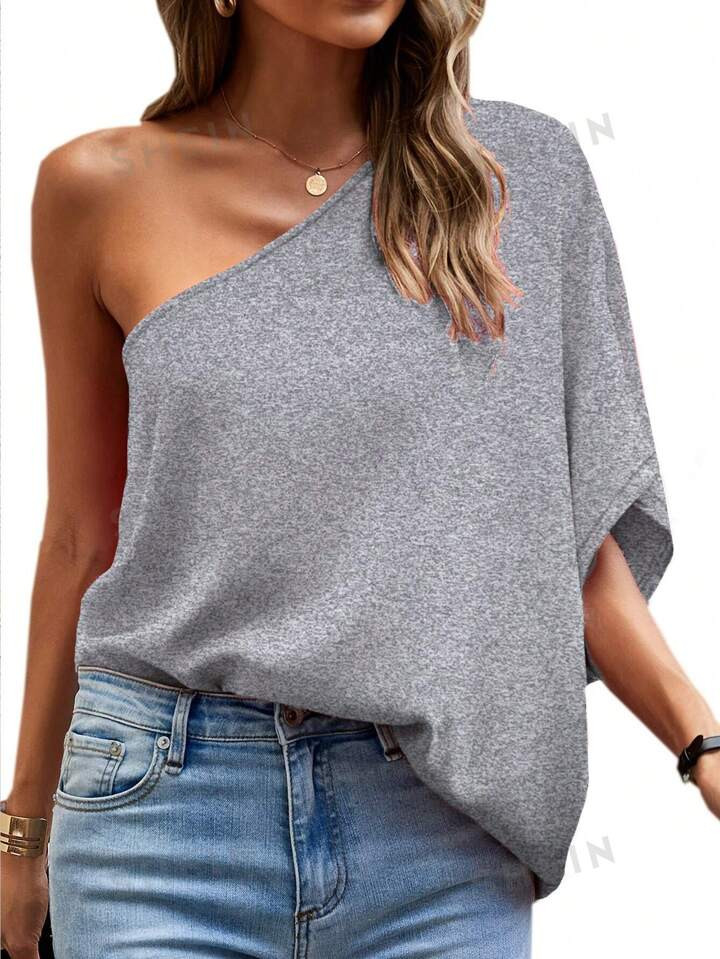 SHEIN LUNE Solid Color One Shoulder Batwing Sleeve T-Shirt For Women | SHEIN