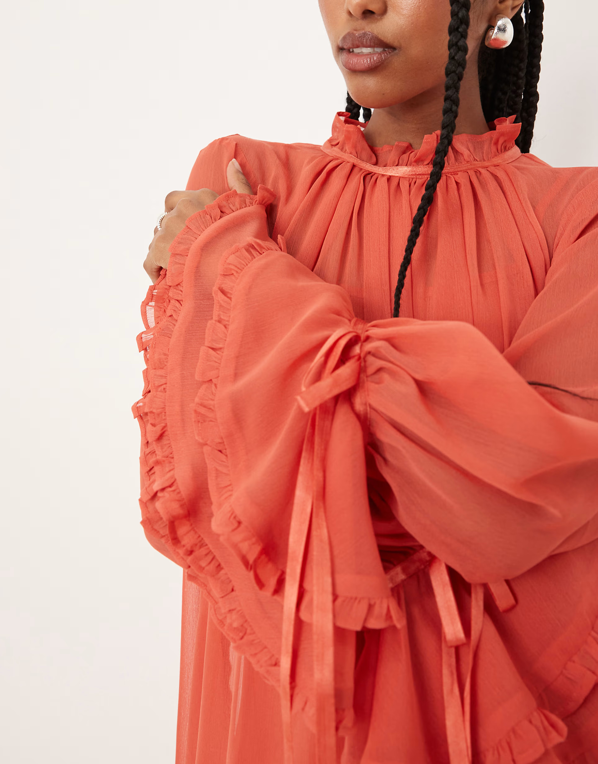 ASOS DESIGN smock mini dress with tiered ruffle cuff & satin bows in burnt orange | ASOS (Global)