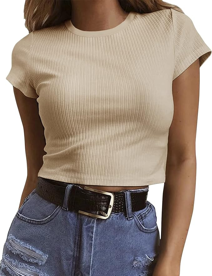 Artfish Women's Short Sleeve Knit Ribbed Crop Top Teen Basic Tee Shirts | Amazon (US)