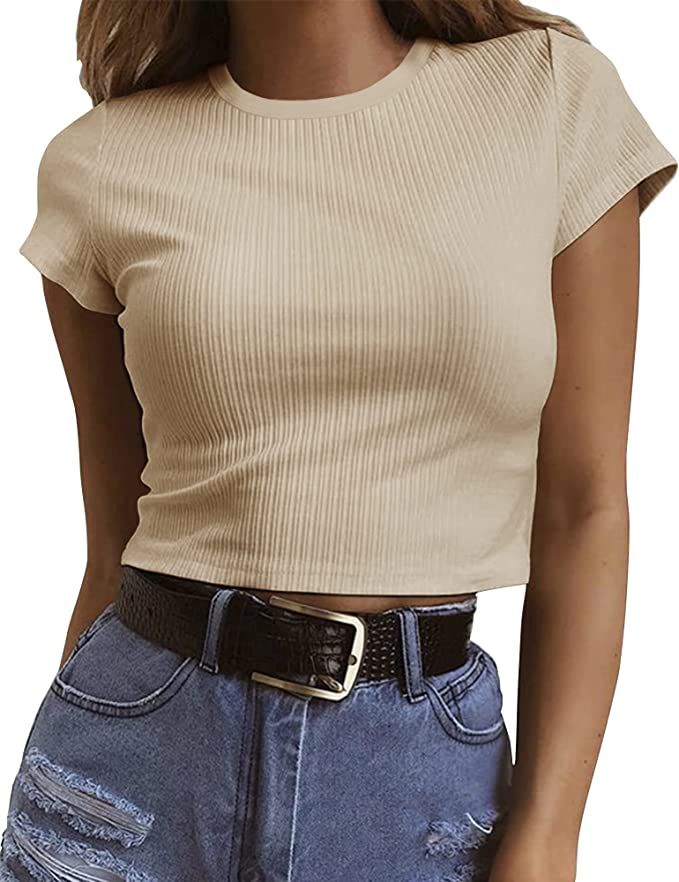 Artfish Women's Short Sleeve Knit Ribbed Crop Top Teen Basic Tee Shirts | Amazon (US)