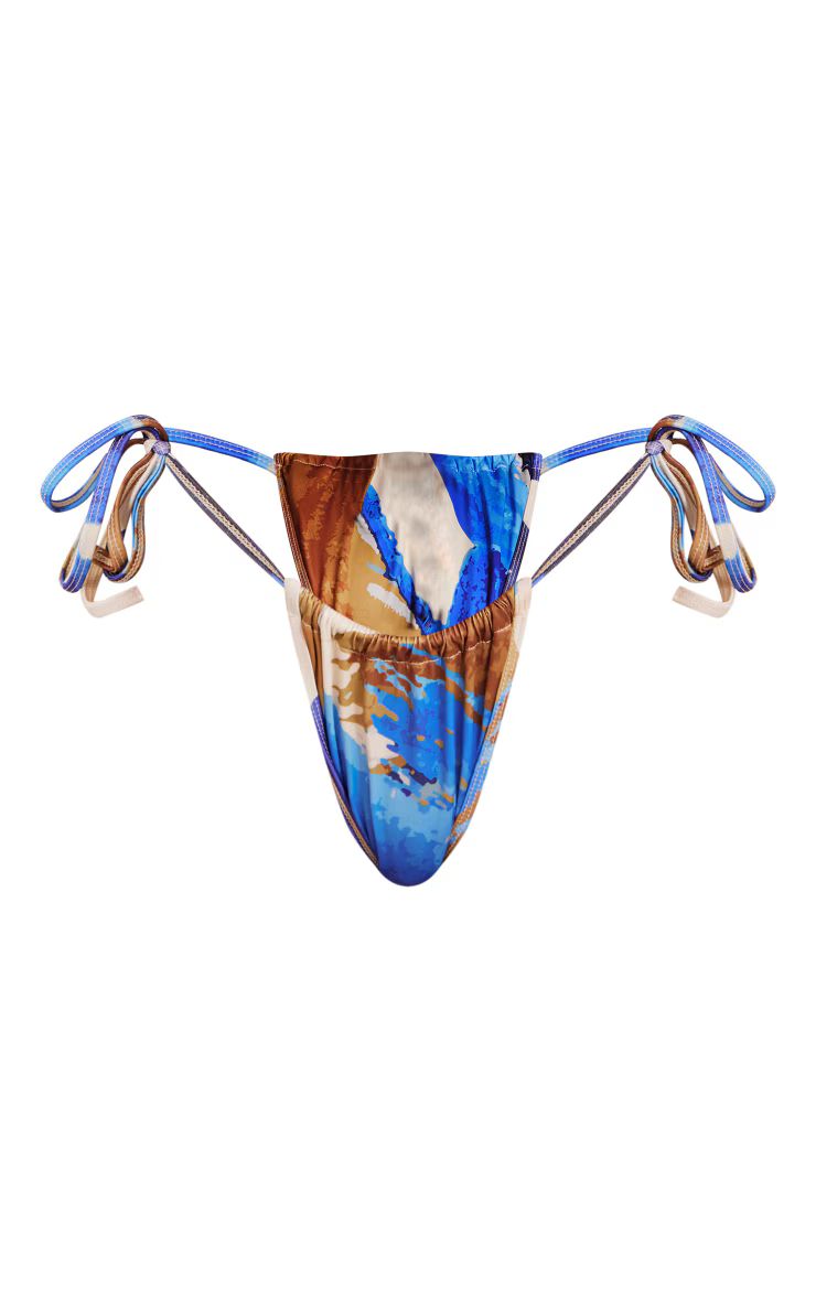 Blue Abstract Line Print Tie Side Bikini Bottoms | PrettyLittleThing US