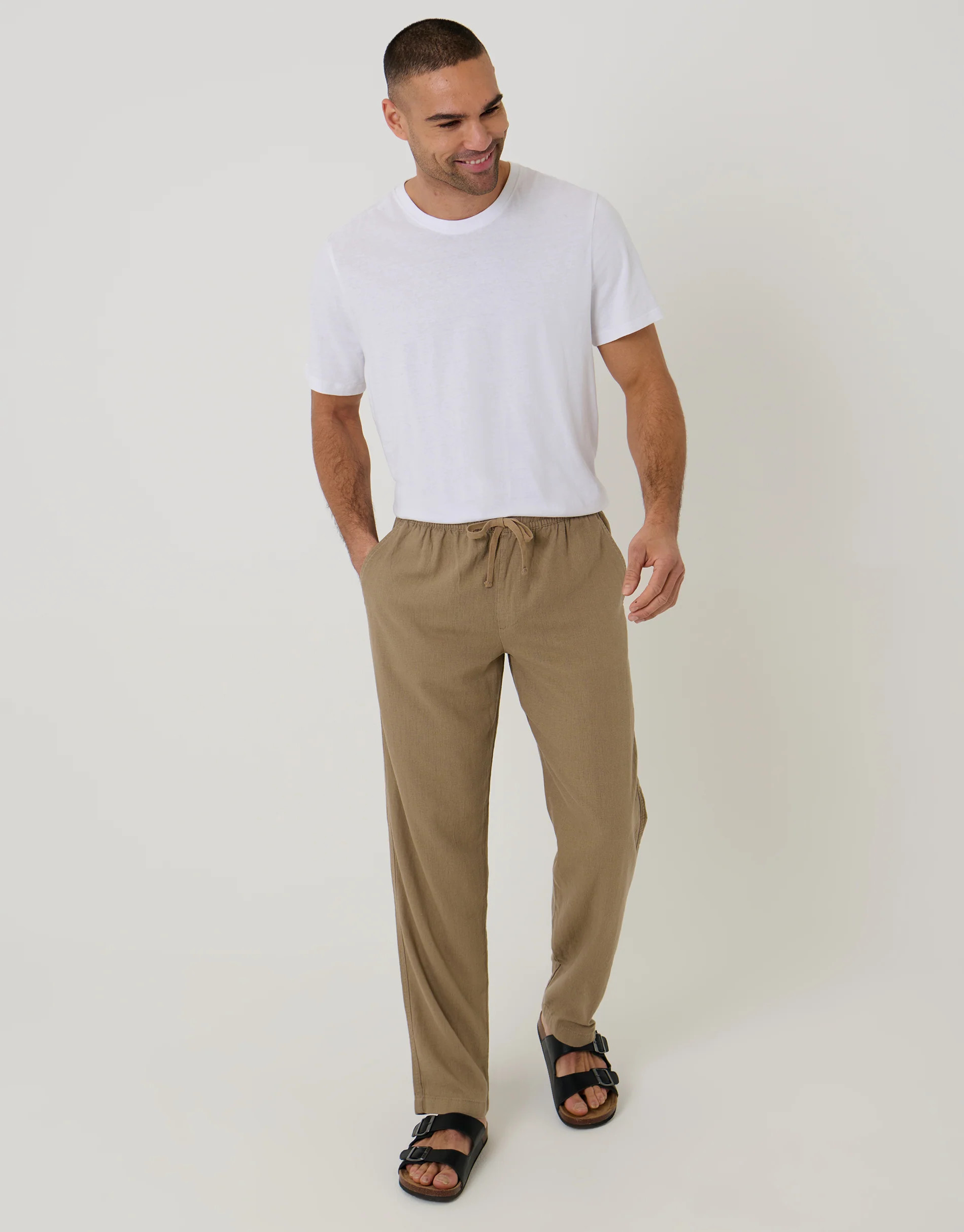 Linen Blend Drawcord Trousers in Taupe | Threadbare UK