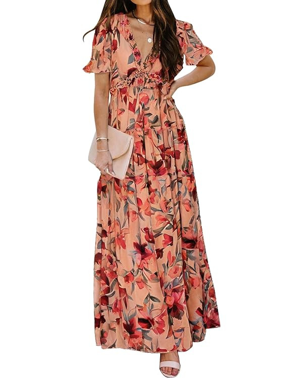 BLENCOT Womens Casual Short Sleeve Boho Floral Printed V Neck Long Dress Ruched Cocktail Party Ma... | Amazon (US)