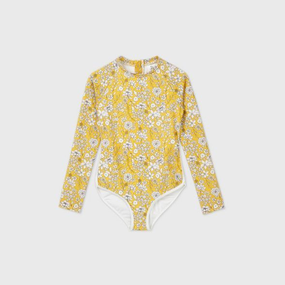 Girls' Long Sleeve Ditsy Floral Back-Zip One Piece Swimsuit - art class™ Gold | Target