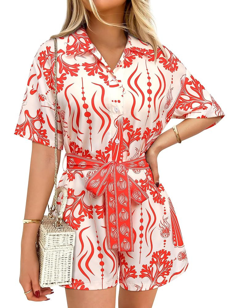 MYMORE Women's ❷⓿❷❺ Summer Beach Romper Tropical Floral Print Short Sleeve Belted Rompers... | Amazon (US)