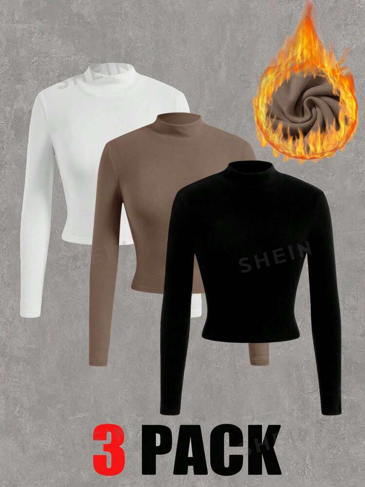 SHEIN EZwear Family Matching Solid Color Half Turtleneck Warm Long-Sleeved T-Shirt 3-Pack | SHEIN