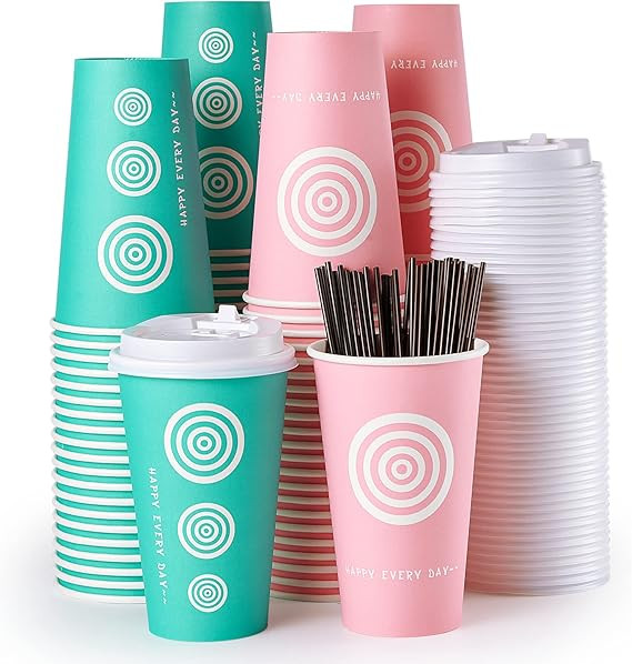 16 oz Paper Cups, 100 Pack Disposable Coffee Cups with Lids and Stirrers, Hot Paper Cups for Cold... | Amazon (US)