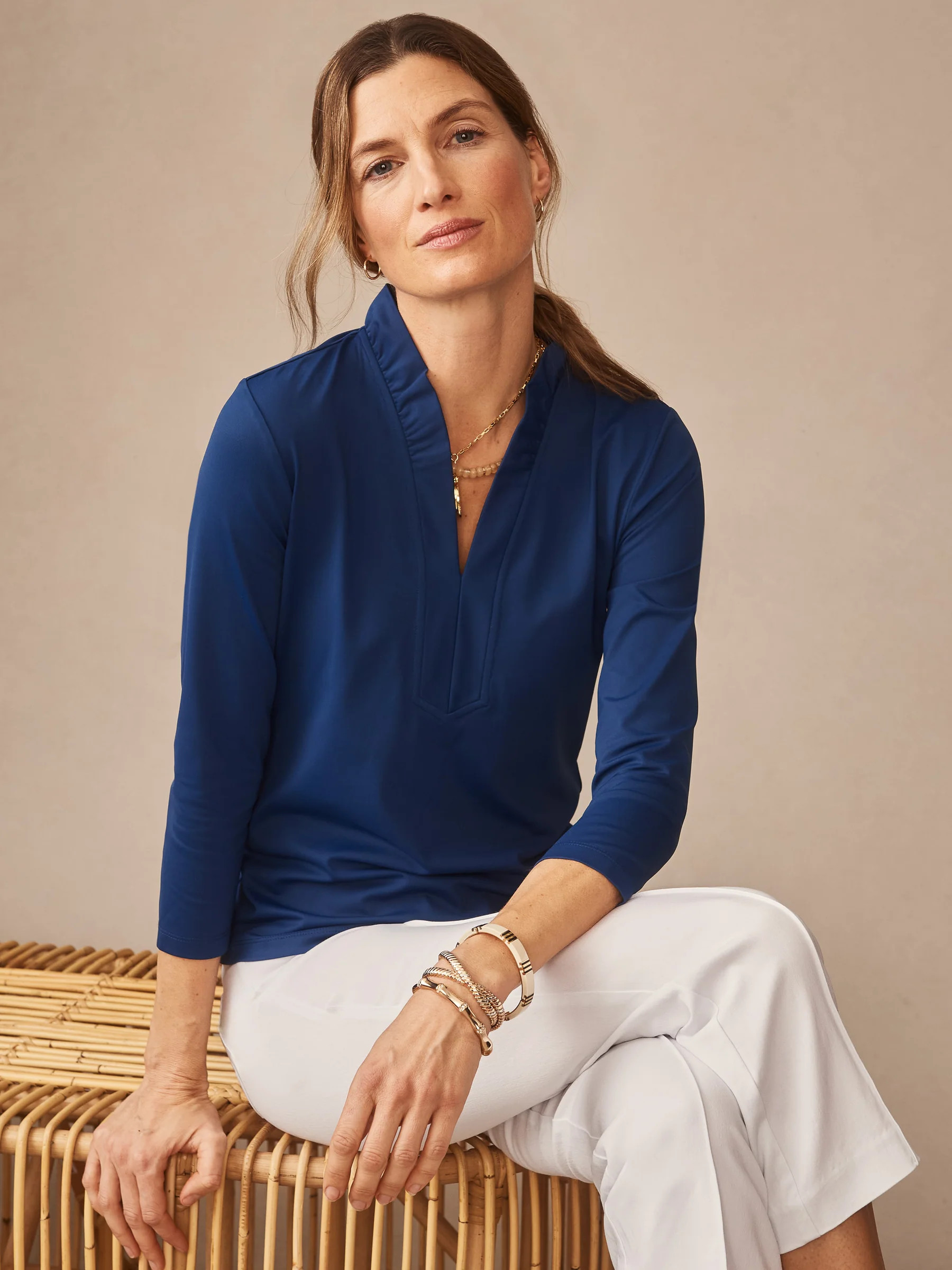 Nautical_Navy Solid Kate Ruffle Top | Women's Tops | J.McLaughlin | J.McLaughlin