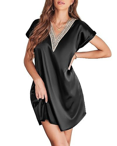 Ekouaer Satin Nightgowns for Women Short Sleeve Nightshirt Silk Sleepwear Lace V Neck Pajama Dress Black | Amazon (US)