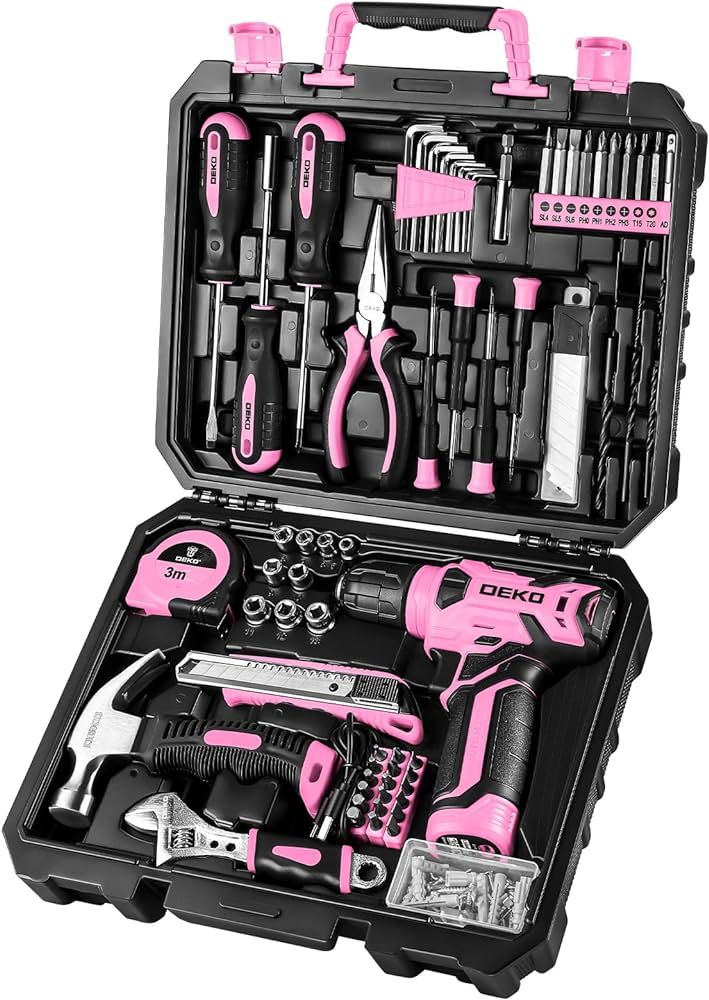 DEKOPRO Drill Set: Tool Set with 8V Pink Cordless Drill, Home Tool Kit with Drill, Hand Tool Kits... | Amazon (US)