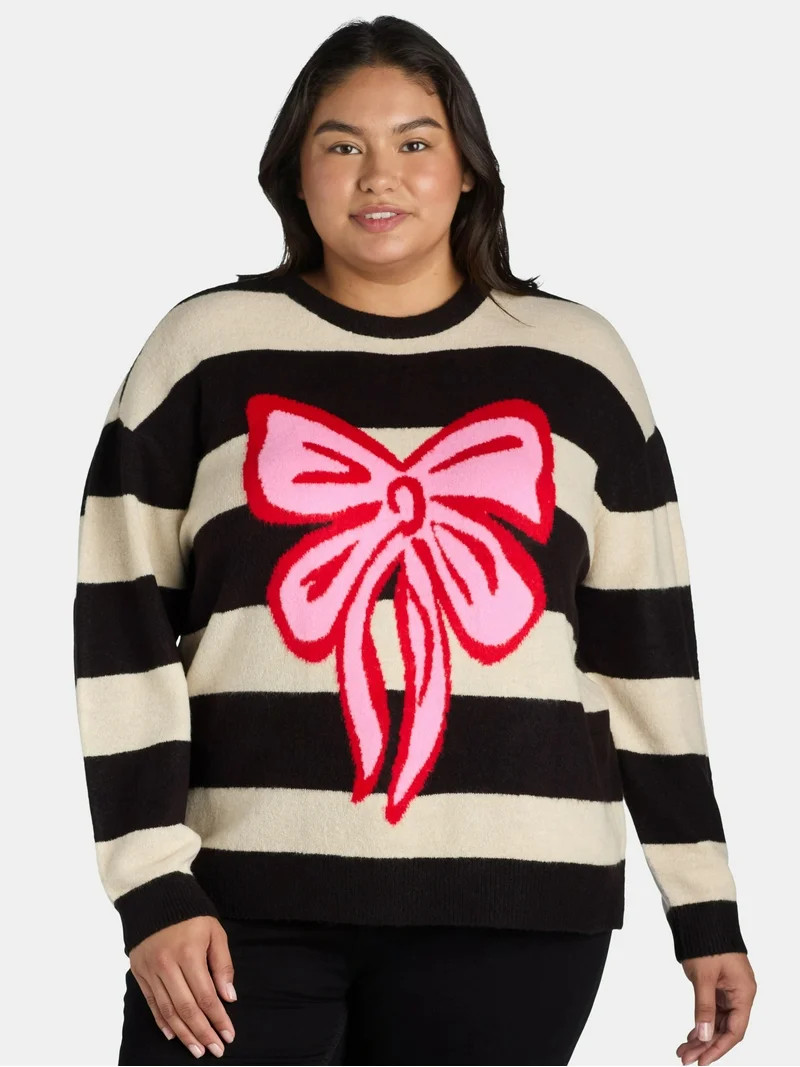 99 Jane Street Women’s and Women's Plus Striped Sweater with Bow Design, Sizes XS-4X - Walmart.... | Walmart (US)