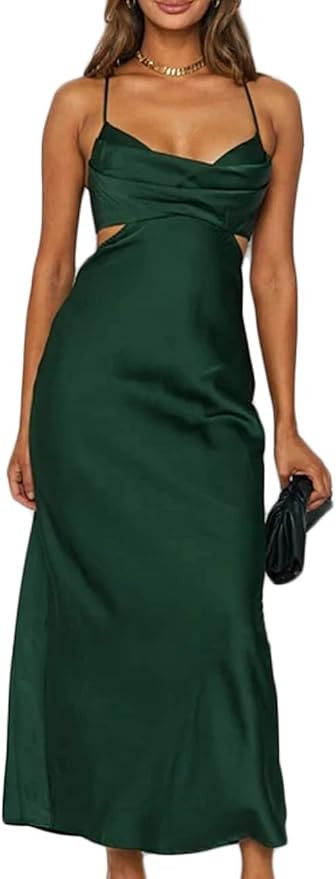 Amazon.com: Fiemaoves Satin Silk Slip Backless Maxi Dress for Wedding Guest- Cut Out Cowl Neck Co... | Amazon (US)