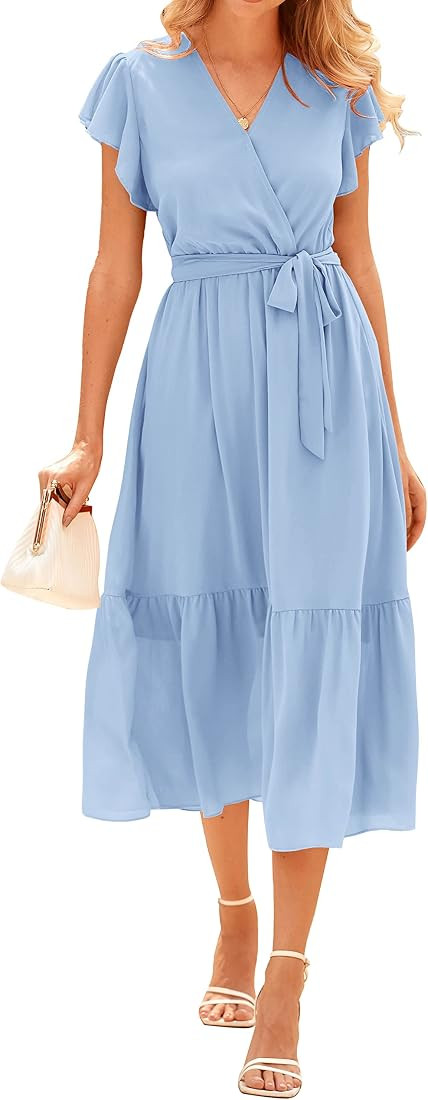 Women Summer Bohemian Floral Casual Wrap V Neck Ruffle Cap Sleeveless Belt A-Line Pleated Hem Swi... | Amazon (US)