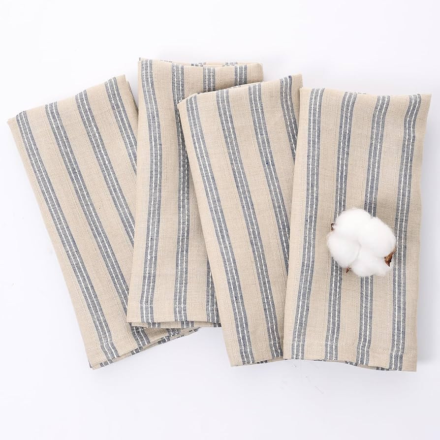 Linen Striped Cloth Napkins 20 x 20 Inch - 100% Natural Linen Dinner Napkins Set of 4 Reusable an... | Amazon (US)