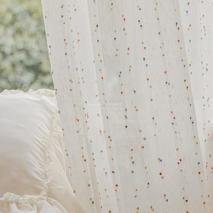 2 Panels Vintage Linen Sheer Curtains with Colorful Stripe Pom Pom for Girls Kids Room Embroidere... | Amazon (US)