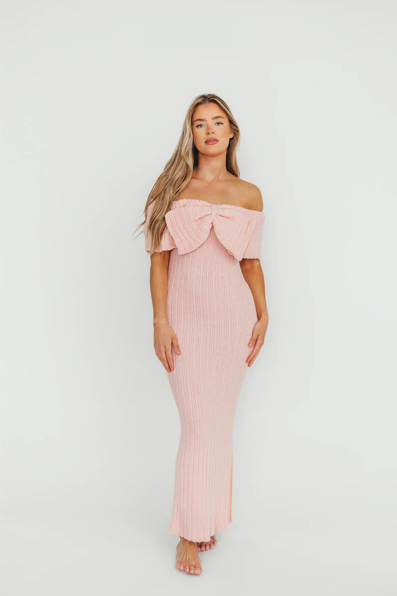 Aston Bow Front Maxi Sweater Dress in Pinkish Petal– Bump Friendly & I | Worth Collective