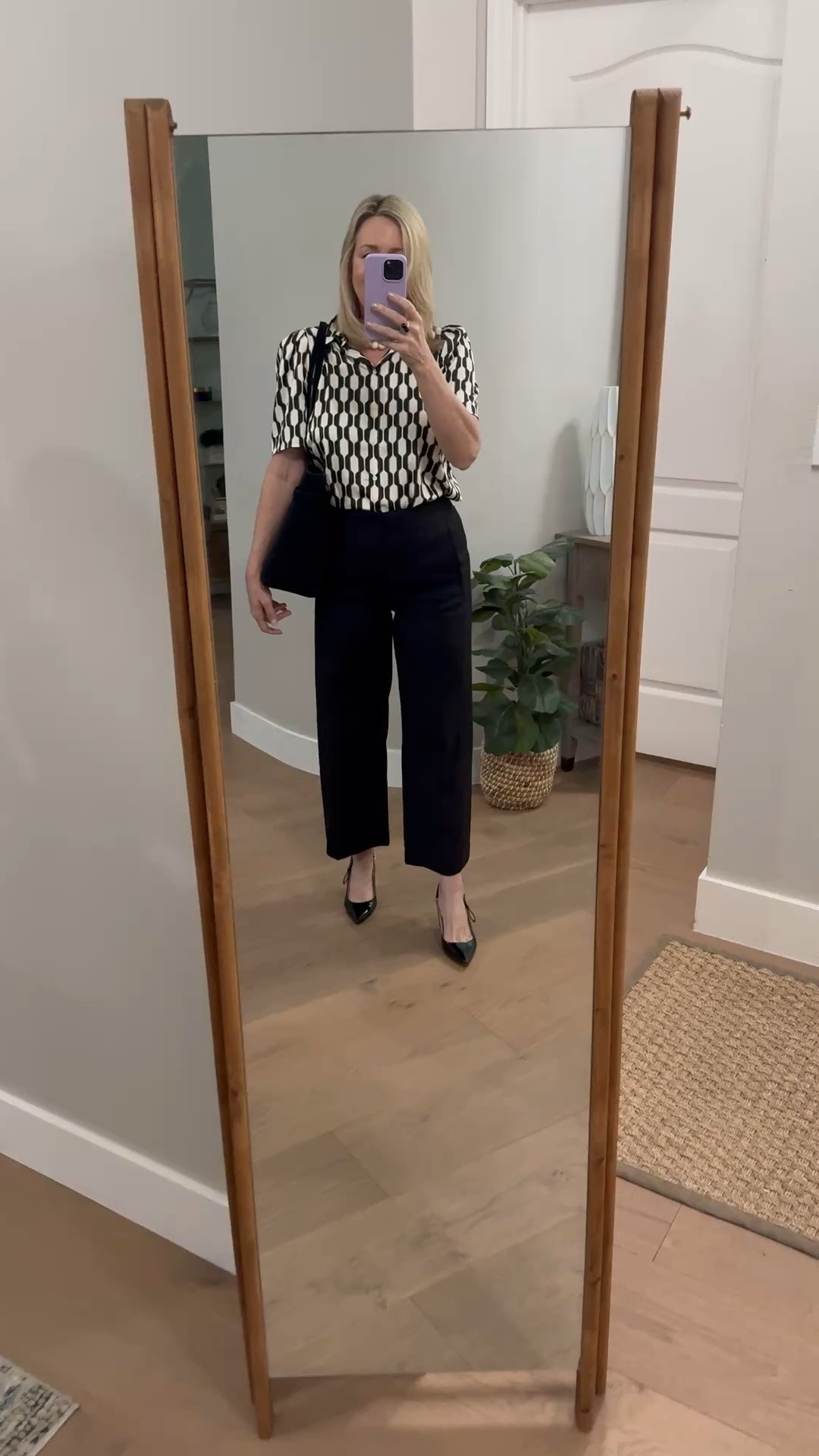 Business casual outfit, patterned top, wide leg pants. ￼

#LTKootd #LTKWorkwear #LTKMidsize