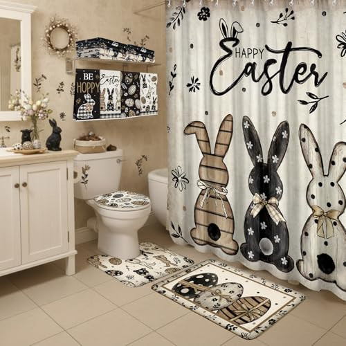 SmoothNovelty 8 Pcs Happy Easter Shower Curtain Set Bunny Eggs Bathroom Curtain with 12 Hooks Farmhouse Rabbit Bath Non-Slip Rugs Toilet Lid Cover Bath Waterproof Mat for Easter Spring Bathroom Decor | Amazon (US)