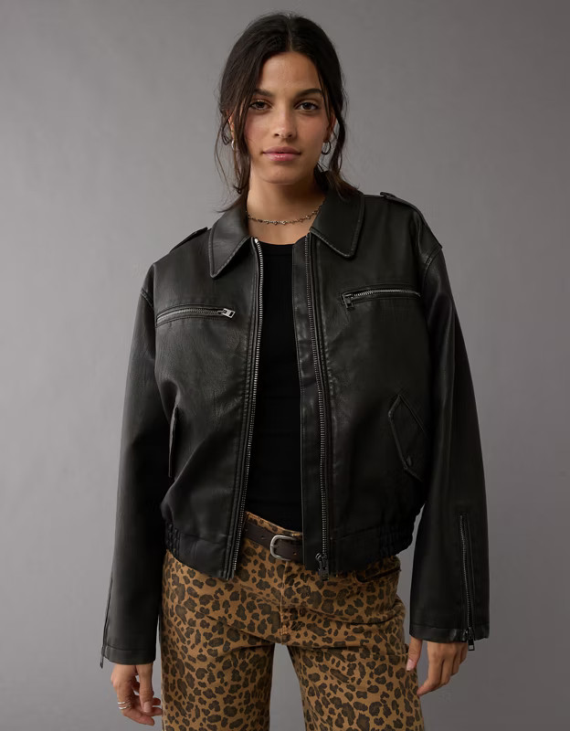 AE Vegan Leather Moto Bomber Jacket | American Eagle Outfitters (US & CA)