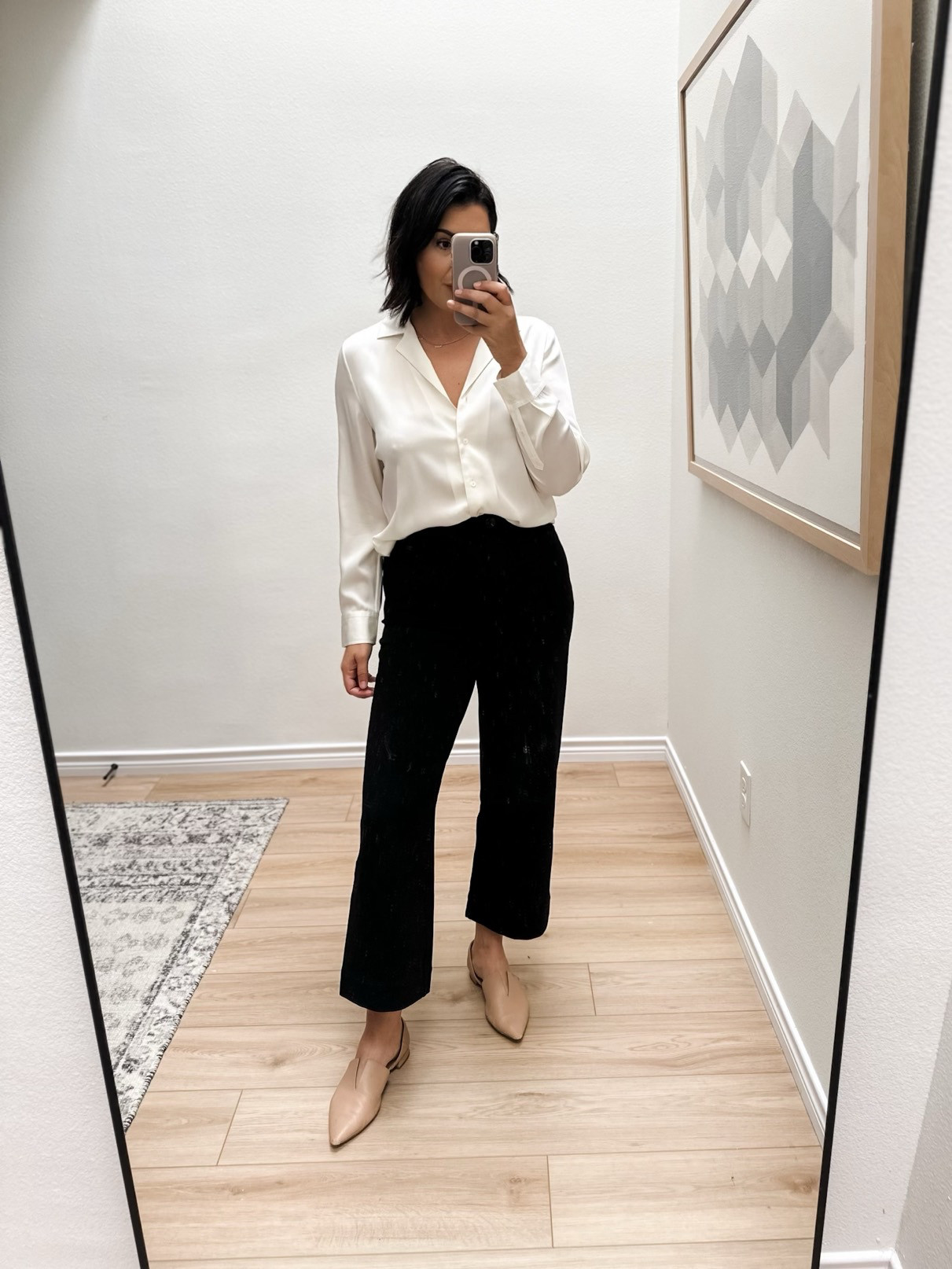 I'm in the medium of the sweater vest, TTS. 

I wear a 10 in the Ponte pants, they run snug at the waist but have lots of stretch. 

I'm in the large of the silk blouse, runs TTS but I like a looser fit for my bust. 

I'm in the large of the cropped cardigan, it runs relaxed but I like the length of the size up.  

 