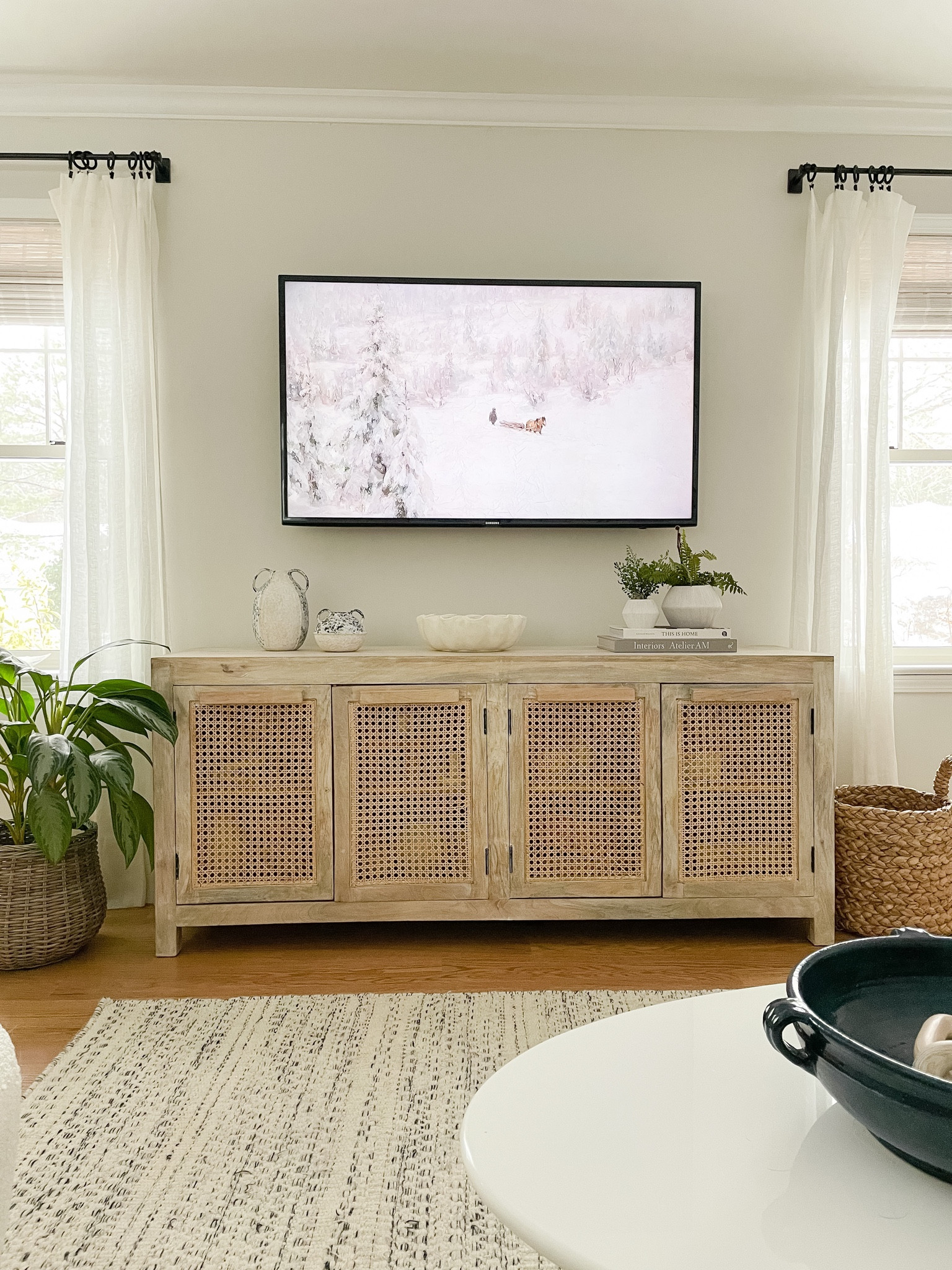Media console, wool rug, drapes, window hardware, home decor 

#LTKhome #LTKstyletip