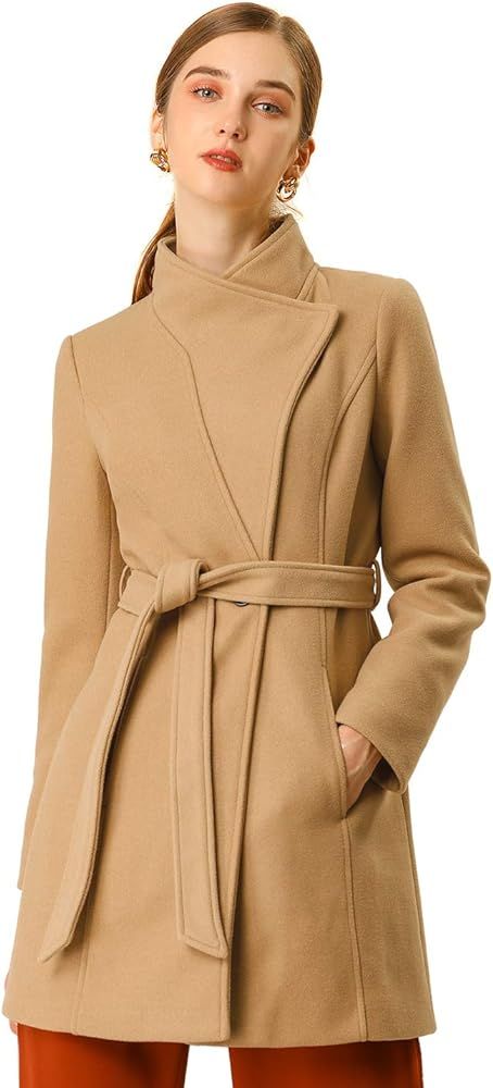 Amazon.com: Allegra K Women's Classic Stand Collar Long Sleeve Winter Belted Long Coat Small Khak... | Amazon (US)