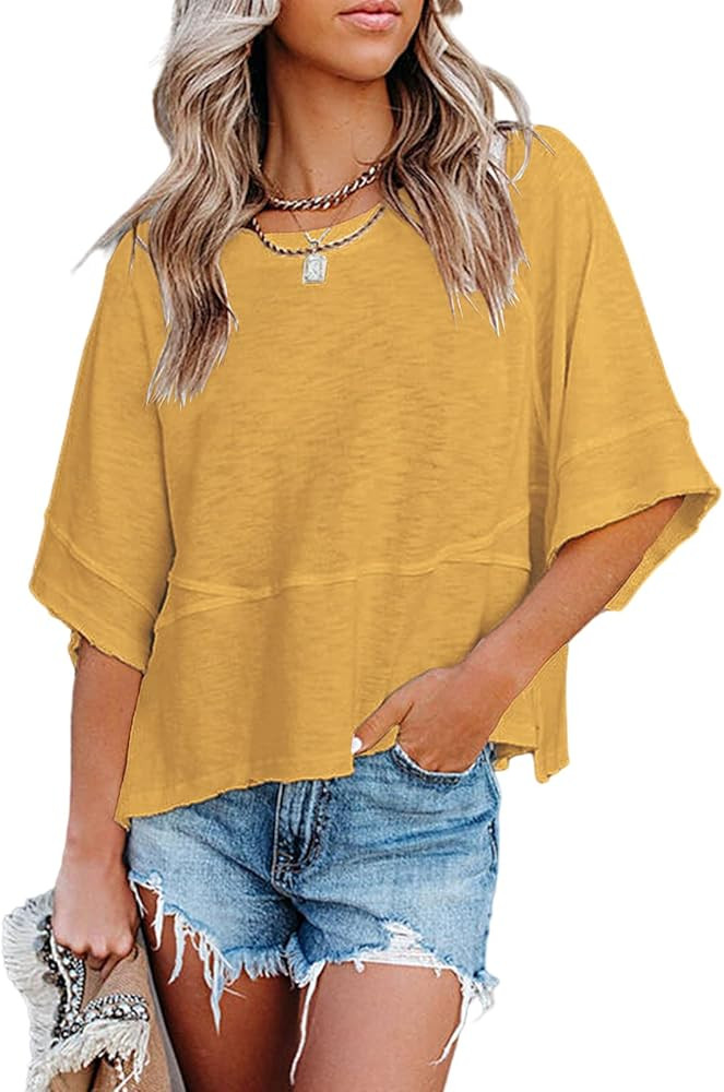 Women's Summer Casual Crewneck Batwing Half Sleeve T-Shirts Solid Color Loose Fit Cute Basic Flow... | Amazon (US)