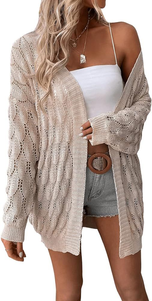 Women's Long Sleeve Open Front Sheer Pointelle Knit Cardigan Coat Beachwear | Amazon (US)