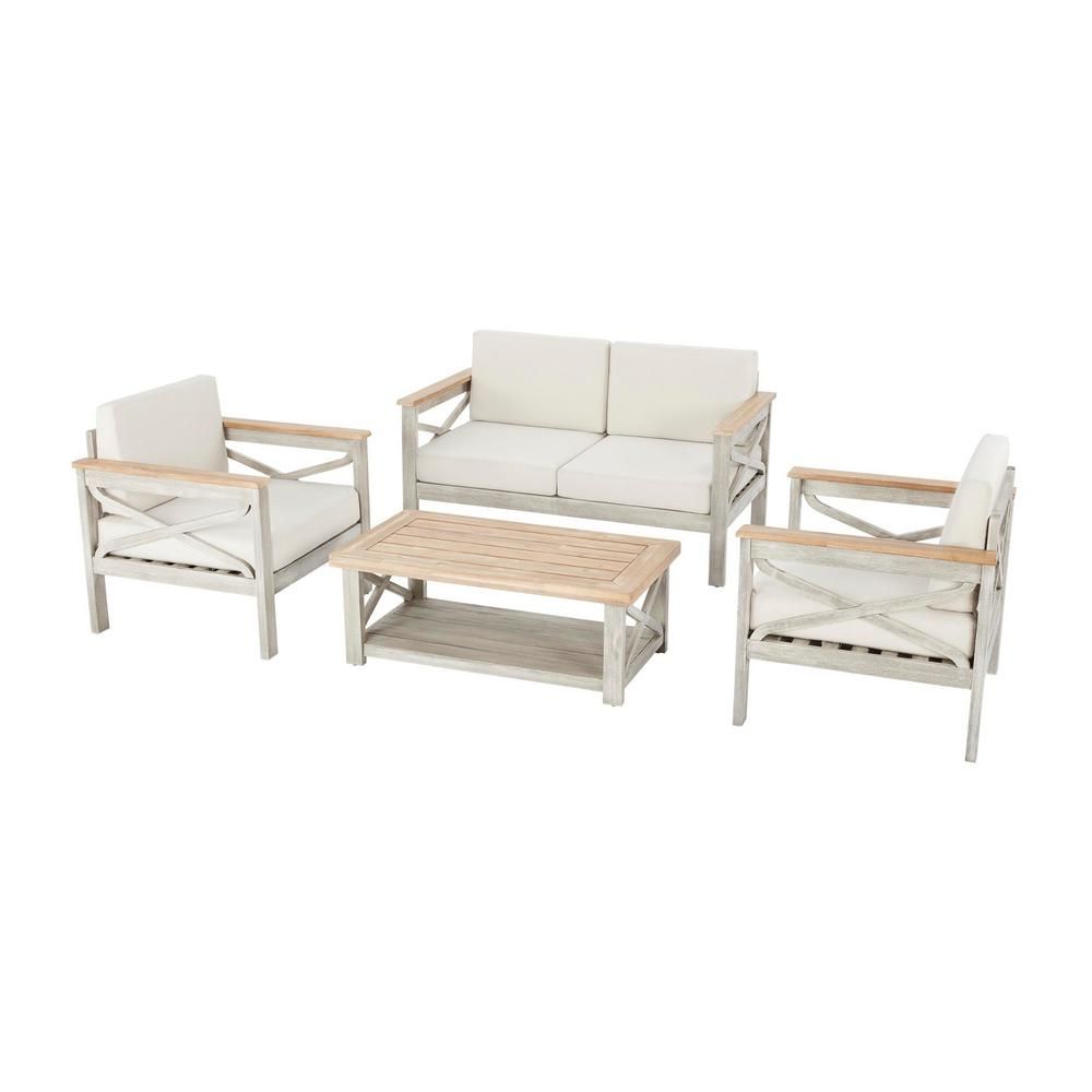 Coral Crest Weathered 4-Piece Wood Outdoor Conversation Set with Beige Cushions | The Home Depot