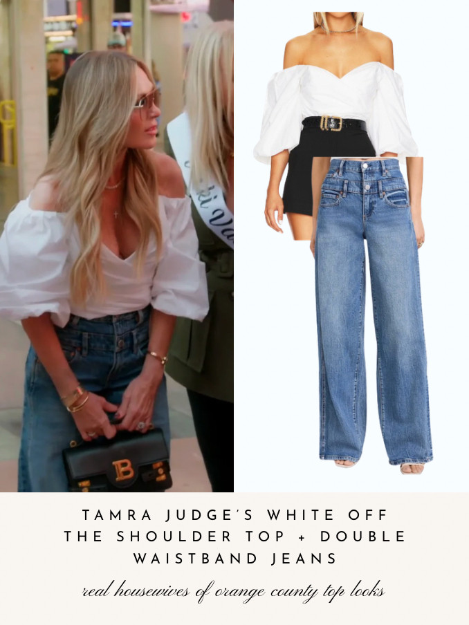 Tamra Judge's White Off The Shoulder Top and Double Waistband Jeans 

 
