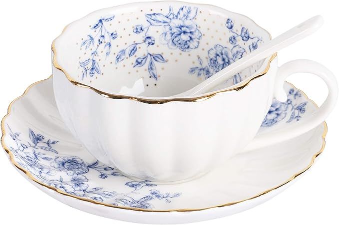 fanquare 7oz Blue Rose Porcelain Coffee Cup, White Tea Cup and Saucer, British Floral Single Tea ... | Amazon (US)
