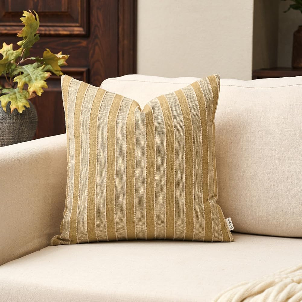 Yangest Boho Cotton and Linen Square Pillow Cover 18x18 Inch, Cozy Soft Neutral Striped Couch Pil... | Amazon (US)