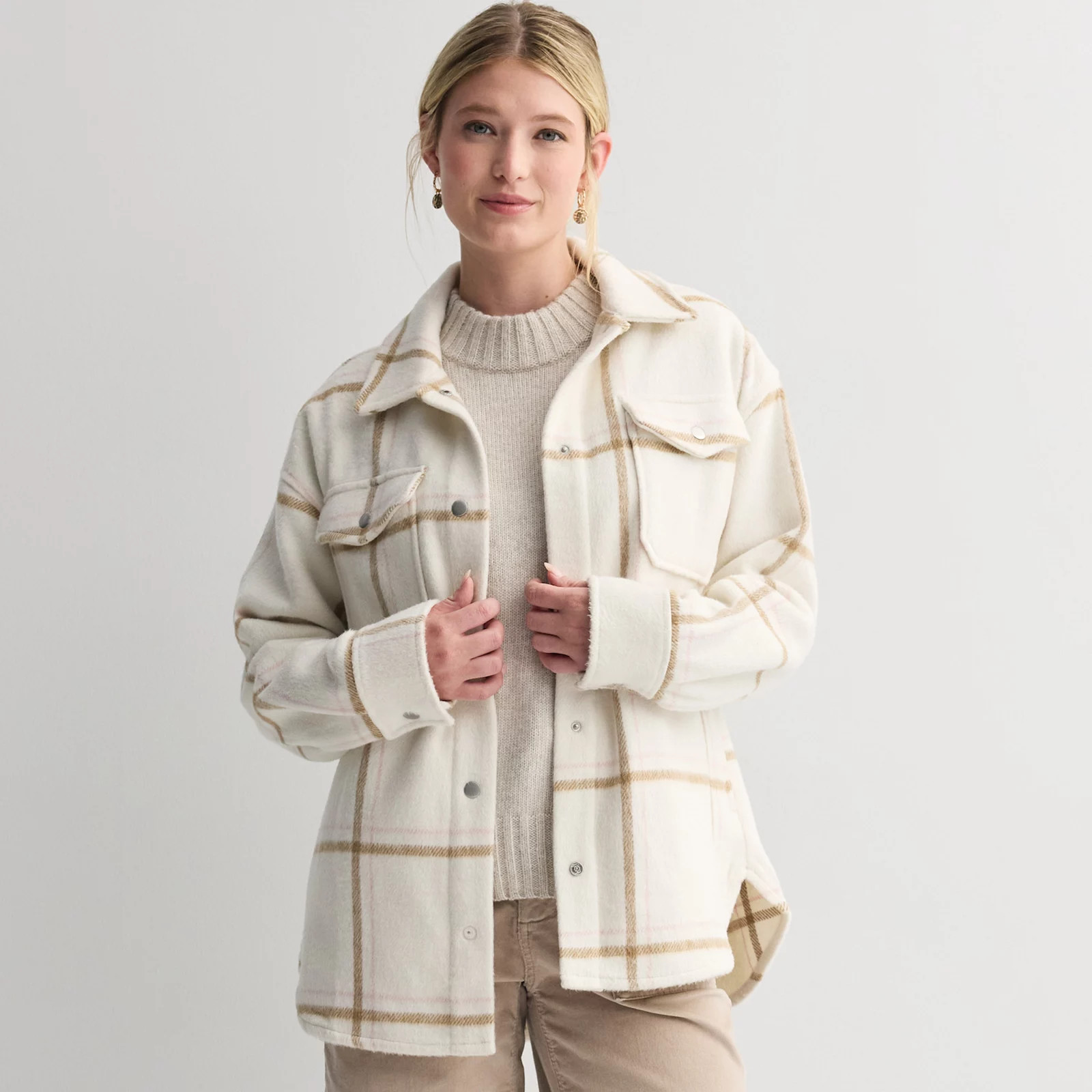 Women's Sonoma Goods For Life® Oversized Shacket, Size: Small, Ivory Pink Plaid | Kohl's