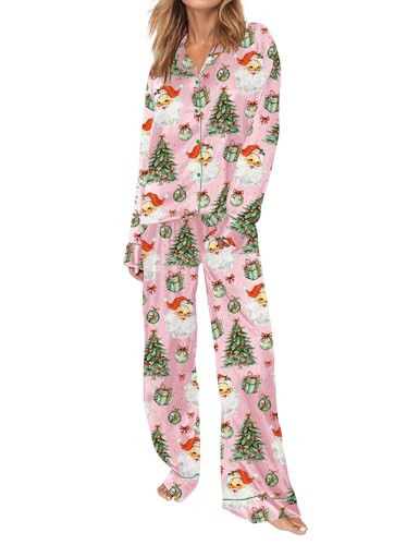 SHESHOW Silky Pink Christmas Pajamas for Women Button Down 2 Piece Satin Pjs Cute Santa Christmas Pajamas Womens L | Amazon (US)