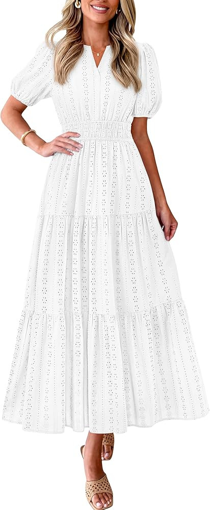 PRETTYGARDEN Womens Summer Maxi Dresses 2026 Casual Puff Sleeve V Neck Smocked Flowy Eyelet Cotto... | Amazon (US)