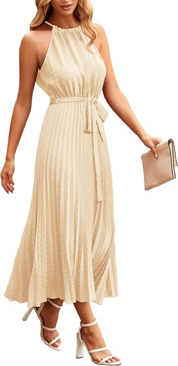 PRETTYGARDEN Women's Summer Casual Long Dress Sleeveless Halter Neck Swiss Dot Pleated Beach Maxi... | Amazon (US)
