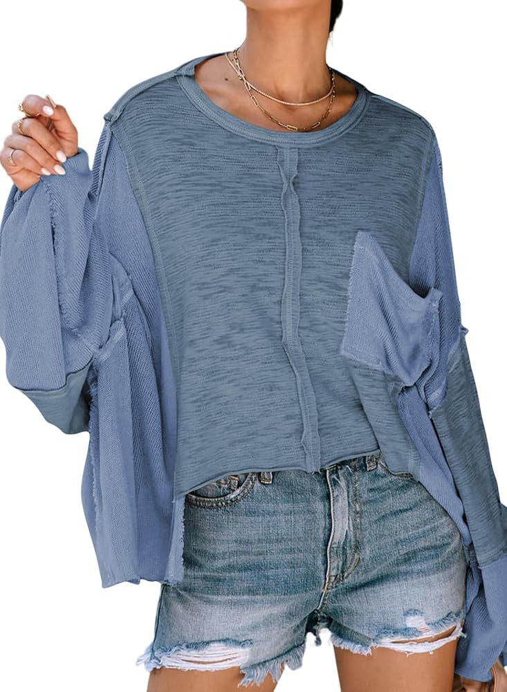 LEMAFER Women's Exposed Seam Chest Pocket Loose Sleeve Oversized Tunic Top Casual Solid Patchwork... | Amazon (US)