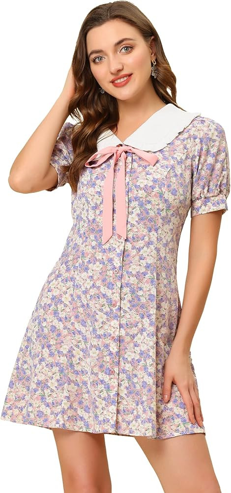 Allegra K Women's Peter Pan Collar Dress 2024 Floral Printed Button Bow Tie Short Sleeve Shirt Dr... | Amazon (US)