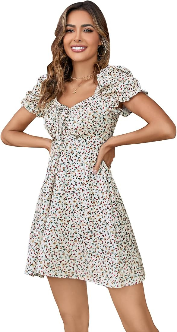 Verdusa Women's Floral Puff Short Sleeve Ruched A Line Dress V Neck Ruffle Mini Short Dresses | Amazon (US)