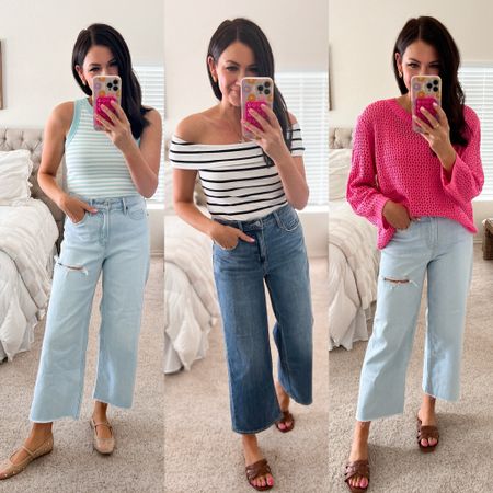 Old Navy cropped denim flares on sale! I recommend sizing down they run big— I’m normally a size 4 and ended up going with a 2. I’m wearing a medium and all three tops. Should have sized down in the middle striped option.

#LTKSeasonal #LTKfindsunder50 #LTKsalealert