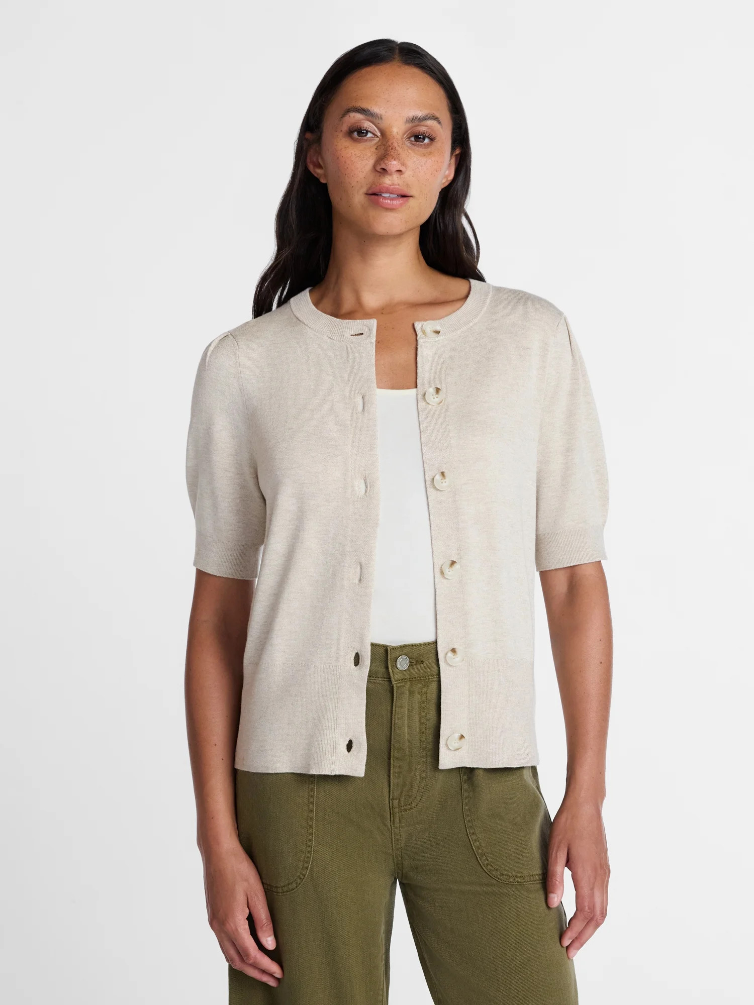 Time and Tru Women's Crewneck Cardigan with Short Sleeves, Lightweight, Sizes XS-XXXL - Walmart.c... | Walmart (US)