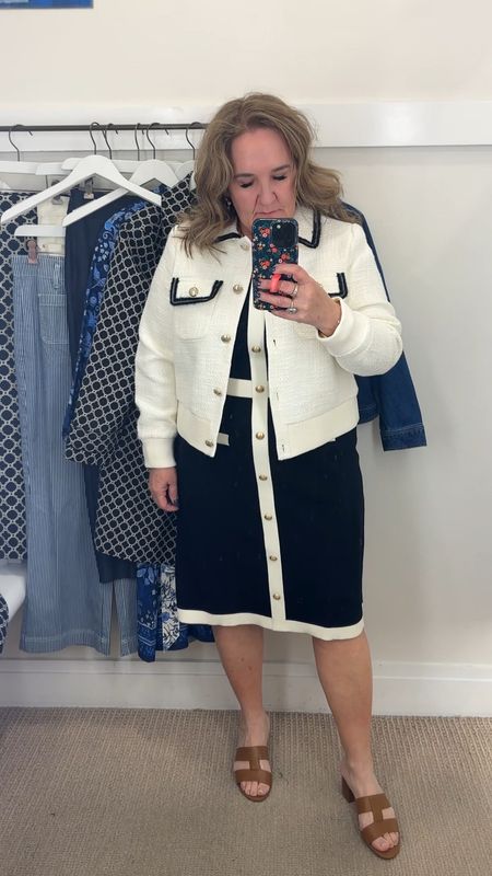 This tweed bomber jacket is fantastic. I was wearing an XL petite. It’s lined and there is no stretch. So I would go your larger size.

The dress I’m wearing a large regular

#LTKworkwear #LTKover40 #LTKsalealert