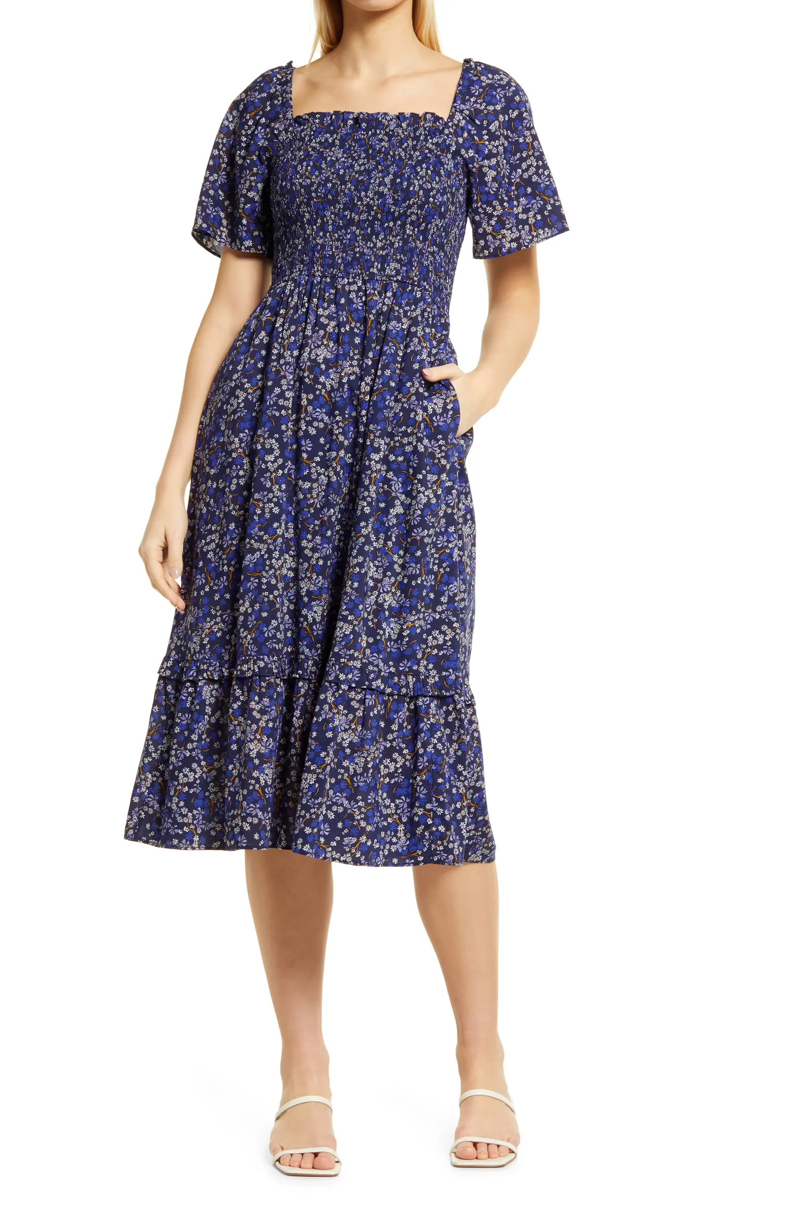 Draper James Floral Smocked Waist Cotton Blend Midi Dress | Nordstrom | Nordstrom