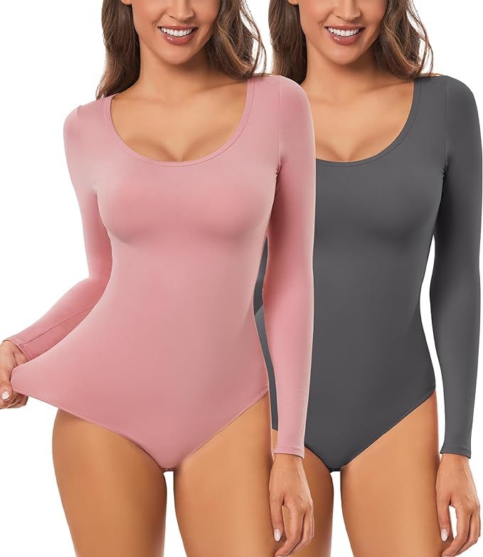 EUYZOU Women's Scoop Neck Long Sleeve Bodysuit Soft Basic Casual Daily T Shirts Body Suit Tops | Amazon (US)
