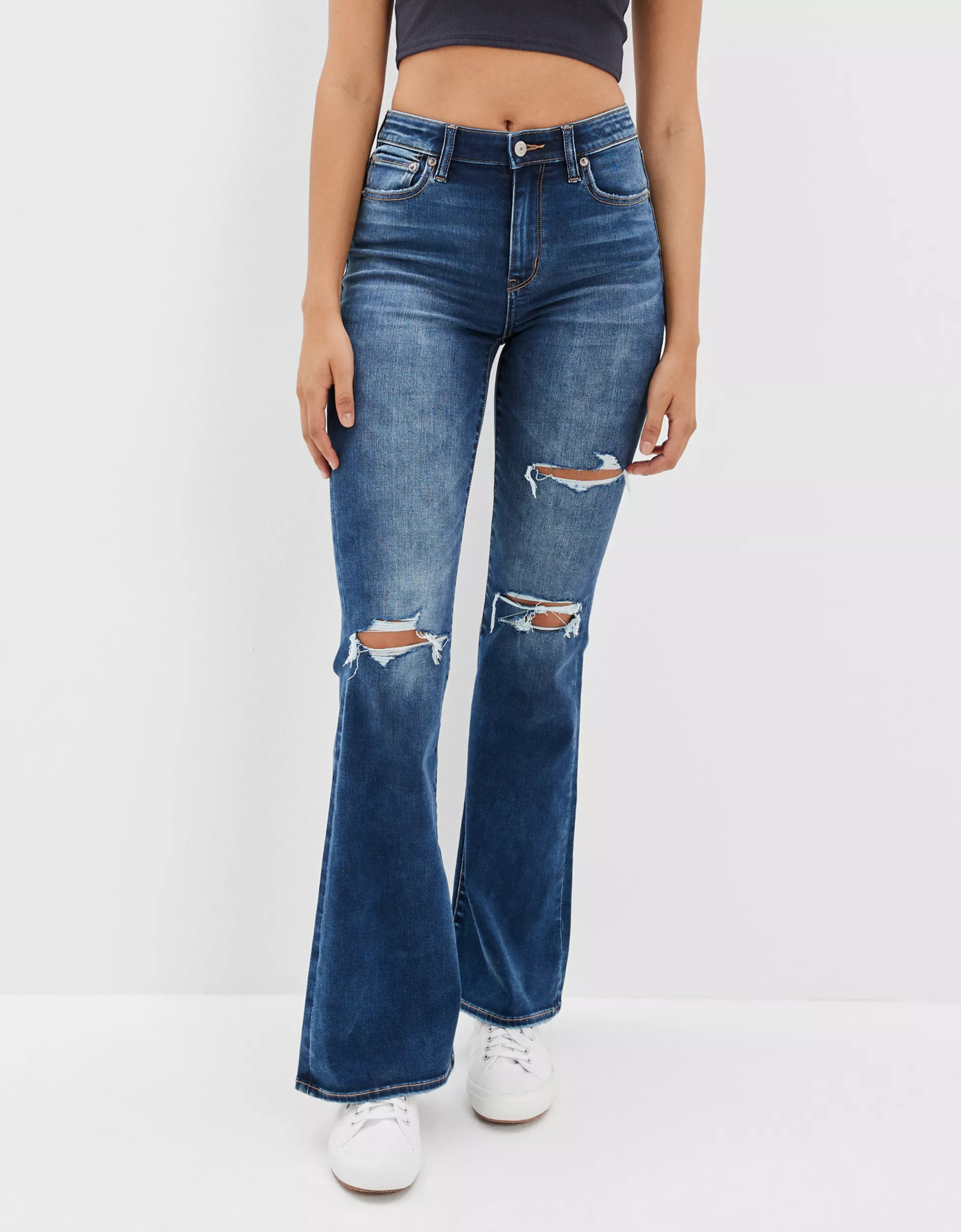 AE Forever Soft Ripped Super High-Waisted Flare Jean | American Eagle Outfitters (US & CA)
