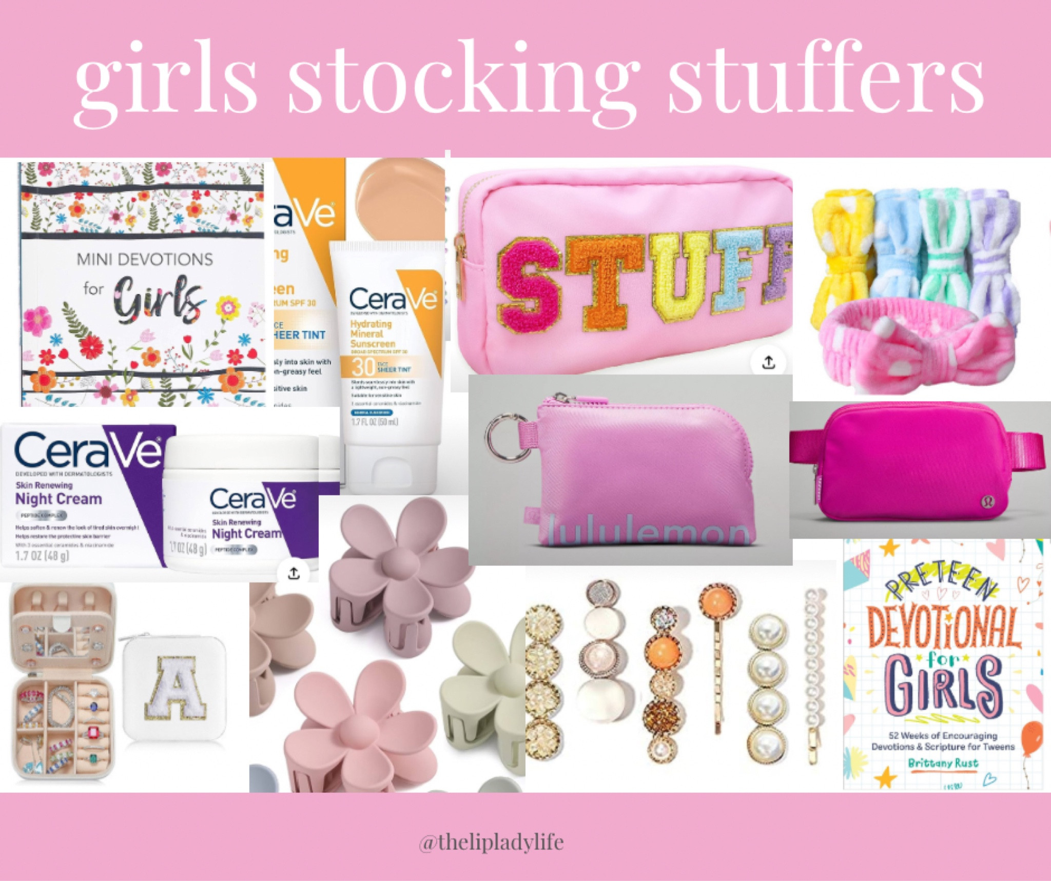Stocking stuffer ideas for girls! #stockingstuffer #skincare #lululemon #hairclip #devotional #makeupbag 

#LTKkids #LTKGiftGuide #LTKfindsunder50