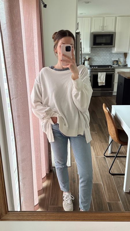 wearing a small in crewneck
small in tee underneath, both are such good basics & fits oversized 
-also comfy to nurse in

Casual spring outfit
Postpartum 

#LTKSeasonal
